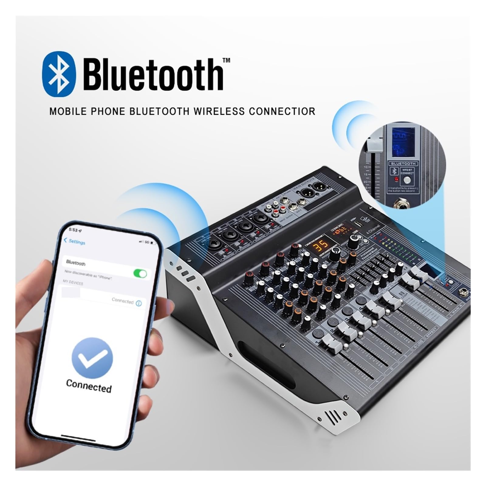 Mixer Audio DJ 4 Canali Con USB, Bluetooth, 99 Effetti For La Registrazione Di Feste Karaoke E La Trasmissione Su Internet