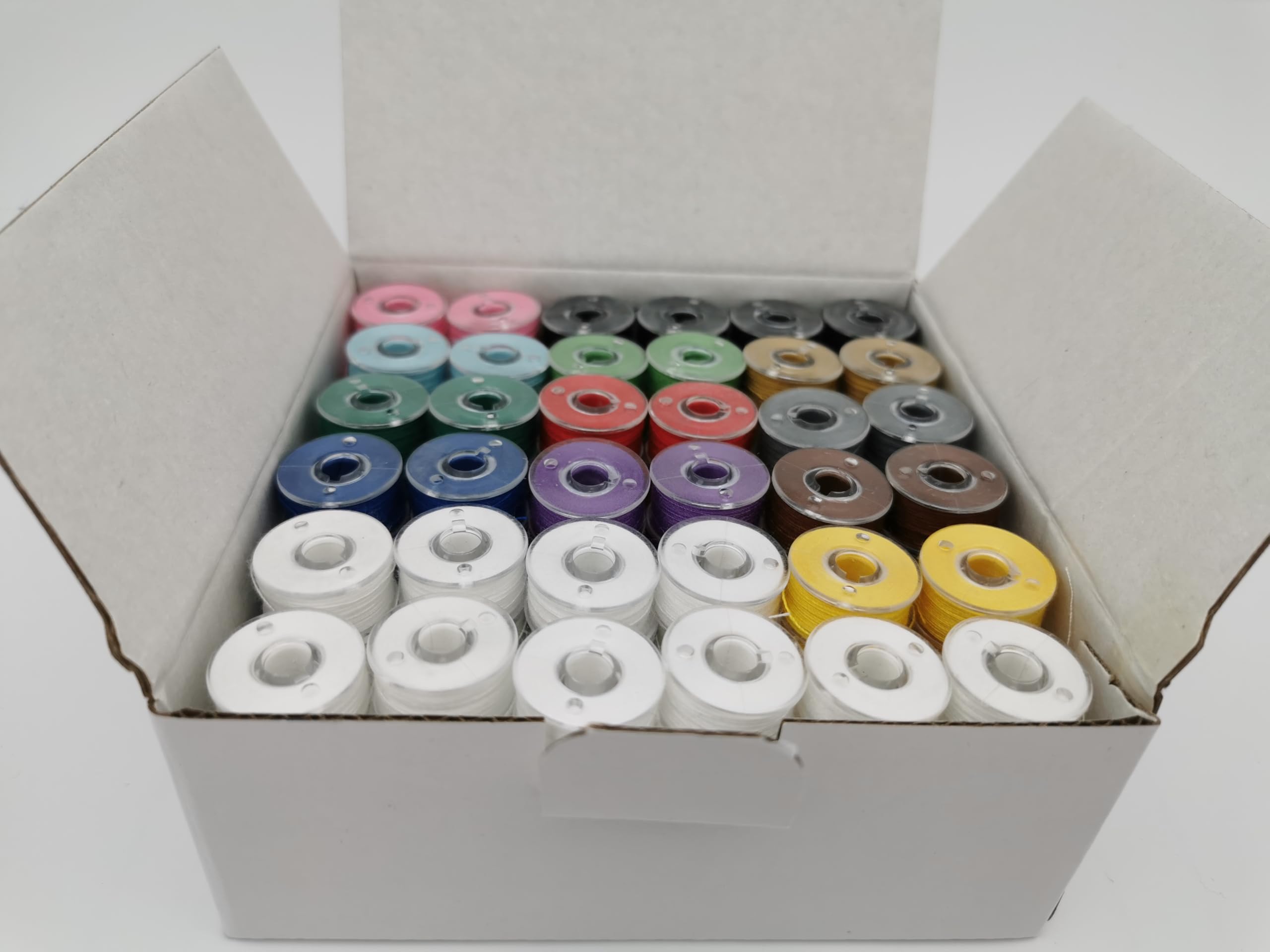 DOUBLELIN 144pcs Multi-colors Prewound Bobbins APM-40S2, Size A, 40S/2 Spun Polyester thread 34wt, Plastic Sided, Size A, Class 15, 15J, SA156, 11 colors by 8pcs per color, 16pcs black and 40pcs white
