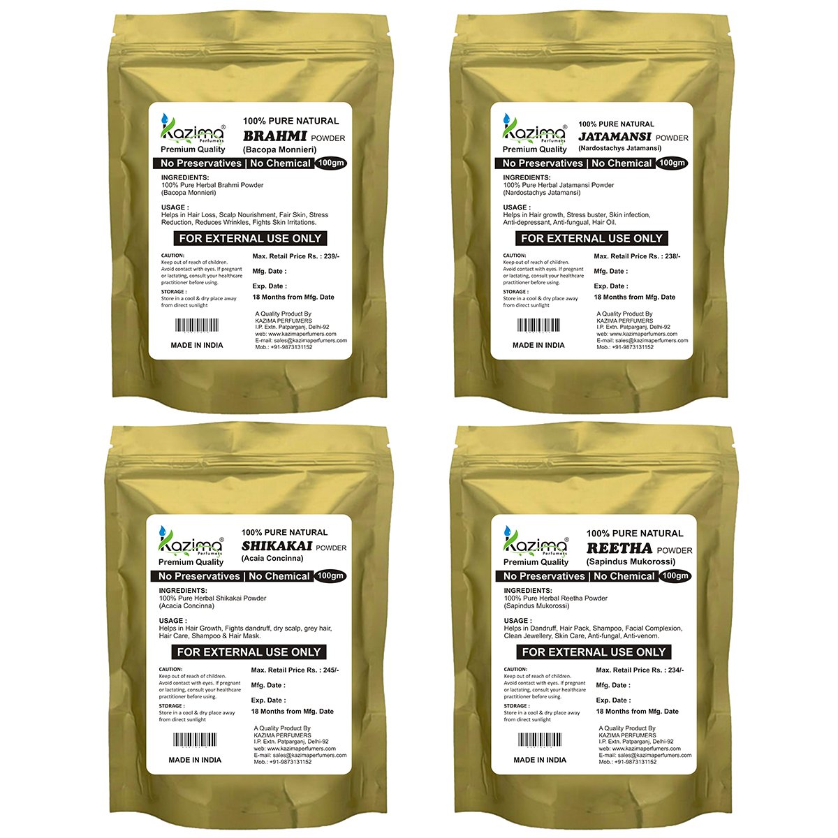 KAZIMACombo Premium Quality (Amla + Jatamansi + Shikakai + Brahmi Pack of 4-in-1) 100% Pure Natural & Herbal POWDER 400g