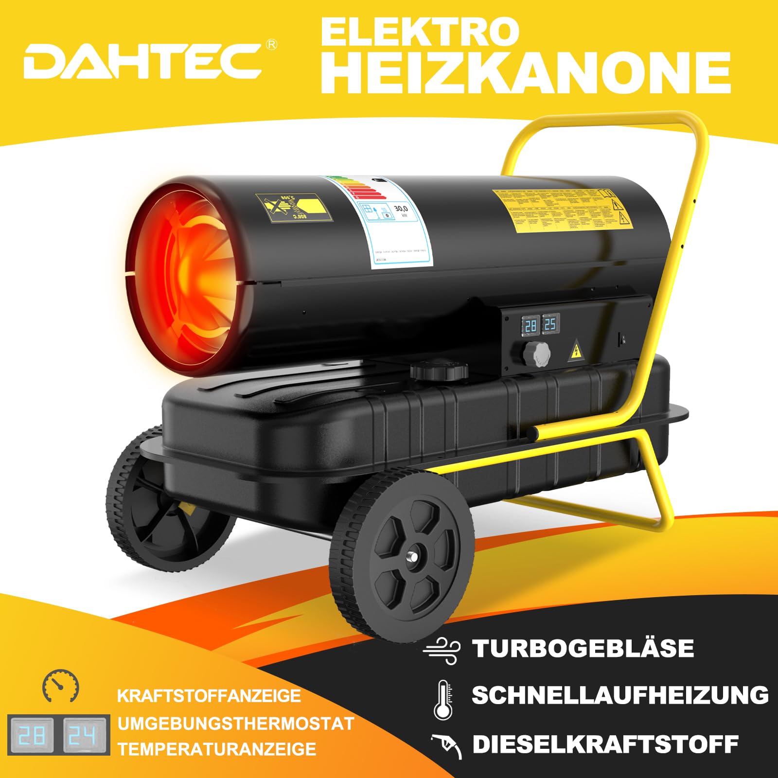 30 kW Heizkanone Diesel Bautrockner, Großtank Bauheizer, 750 m³/h Heizgebläse mit Thermostat, Ölbeheizung Heizlüfter für Werkstätten, Baustellen und landwirtschaftliche Betriebe