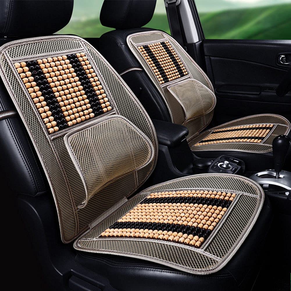 Blueshyhall Coprisedile massaggiante per auto, con perline di legno con supporto lombare, traspirante, per sedili anteriori estivi (beige)