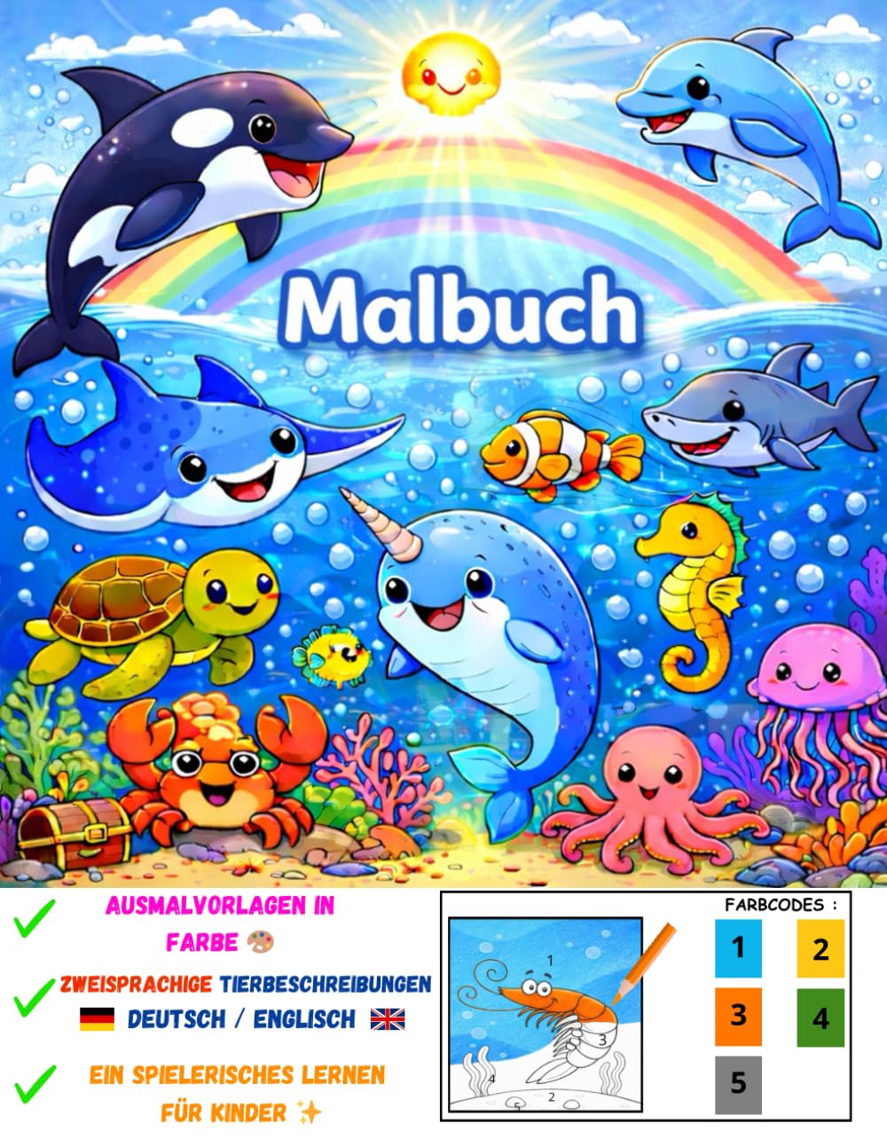 Malbuch für Kinder – Meerestiere : Farbige Vorlagen zum Nachmalen mit zweisprachigen Beschreibungen (Deutsch / Englisch)