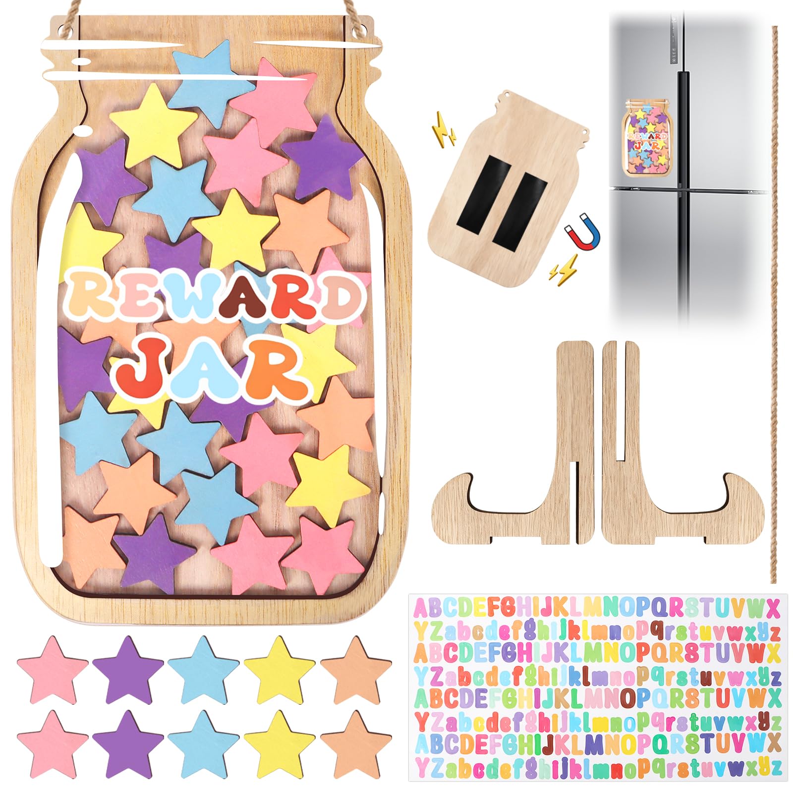 1Pcs Reward Jar, Star Jar Reward System, Magnetic Reward Jar for Children, Wooden Colorful Star Reward Jar for Children's Behavior for Home School Classroom Teacher Parent (30 Stars + Stickers)