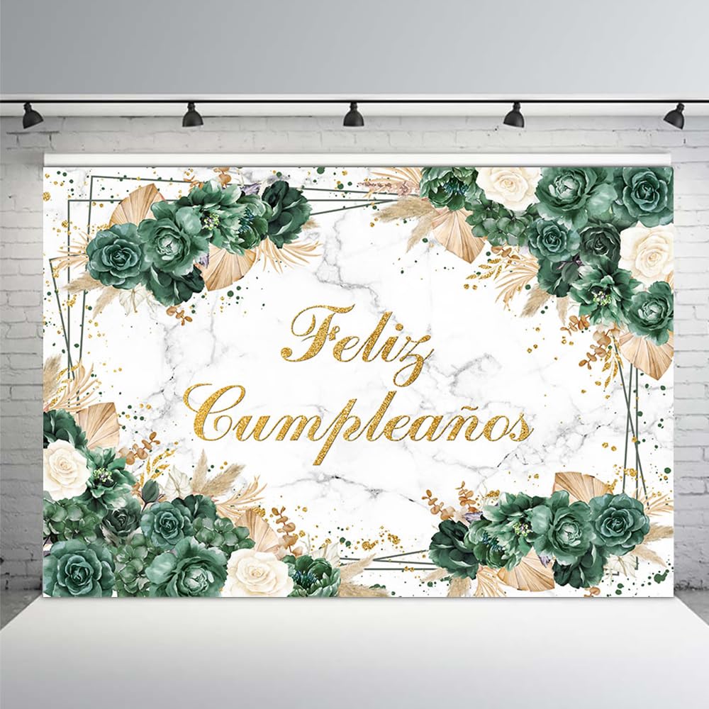 MEHOFOND 7x5ft Boho Feliz Cumpleanos Backdrop 1st Birthday for Girls Mexican Fiesta Happy Birthday Party Decorations Green and Gold Glitter Photo