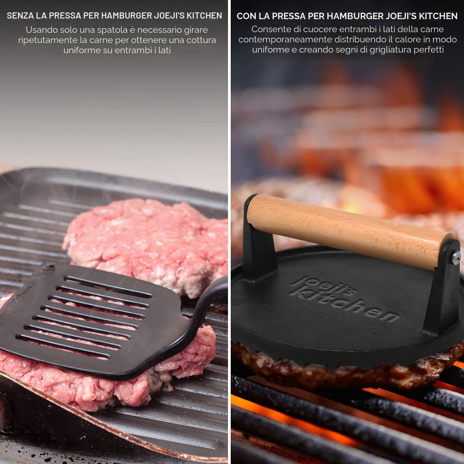 joeji's Kitchen Pressa per Hamburger in Ghisa - Forma Rotonda Antiaderente con Manico in Legno - Robusto Smash Burger Patty Press