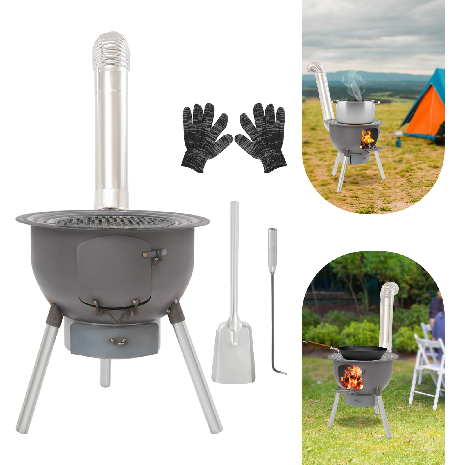 Barbecue portatile a carbonella, forno a legna con griglia, forno da campeggio con camino e cenere e 3 anelli wok, barbecue a carbonella fino a 150 kg, ideale per 3-6 persone