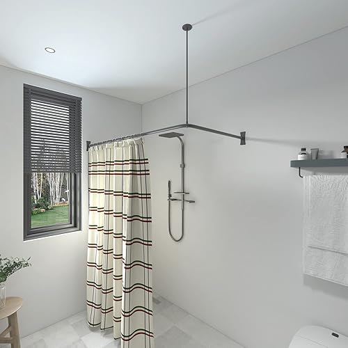 Miniatura 7 de Naiture - Barra de cortina de ducha esquinera de acero inoxidable de 72 x 36 pulgadas con soporte de techo, acabado negro