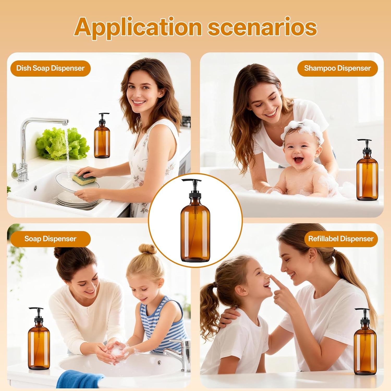 Vitreaux 16oz Amber Glass Soap Dispenser, 2 Pack Refillable Hand Soap Dispenser with Leak-Proof Pump, Brown Glass Bottle for Kitchen & Bathroom,Dish Soap, Lotion, Shampoo, Conditioner, Body Wash - Image 4