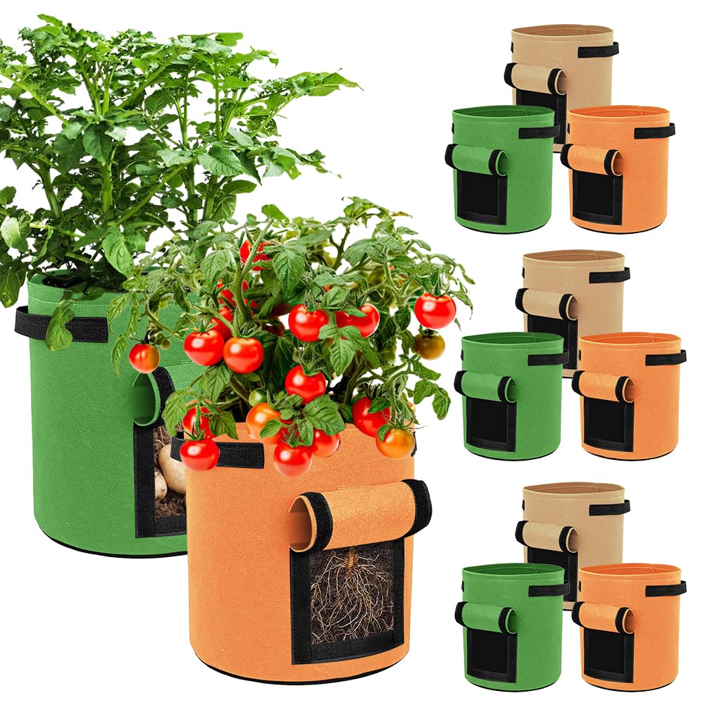 Lot De 9 Sacs De Culture Pommes De Terre 10 Gallons, Sacs Potagers Colorés en Tissu Non Tissé avec Fenêtre De Récolte Et Poignées Renforcées, Sacs Colorful 10 Gallon