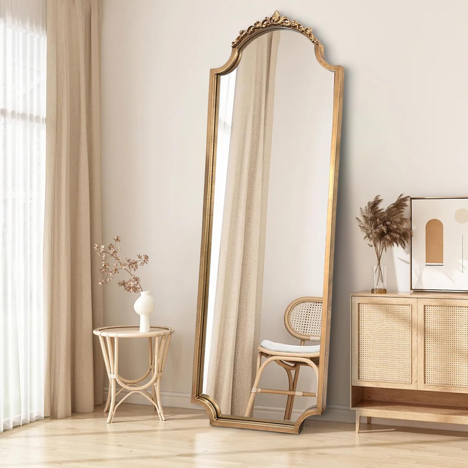 Large Gold Arched Mirror, 61"x22" Vintage Floor Mirror for Dressing, Ornate Baroque Mirrors Full Length, Traditional Carved Mantel Mirrors for Living Room Bathroom Bedroom Entryway - Image 6