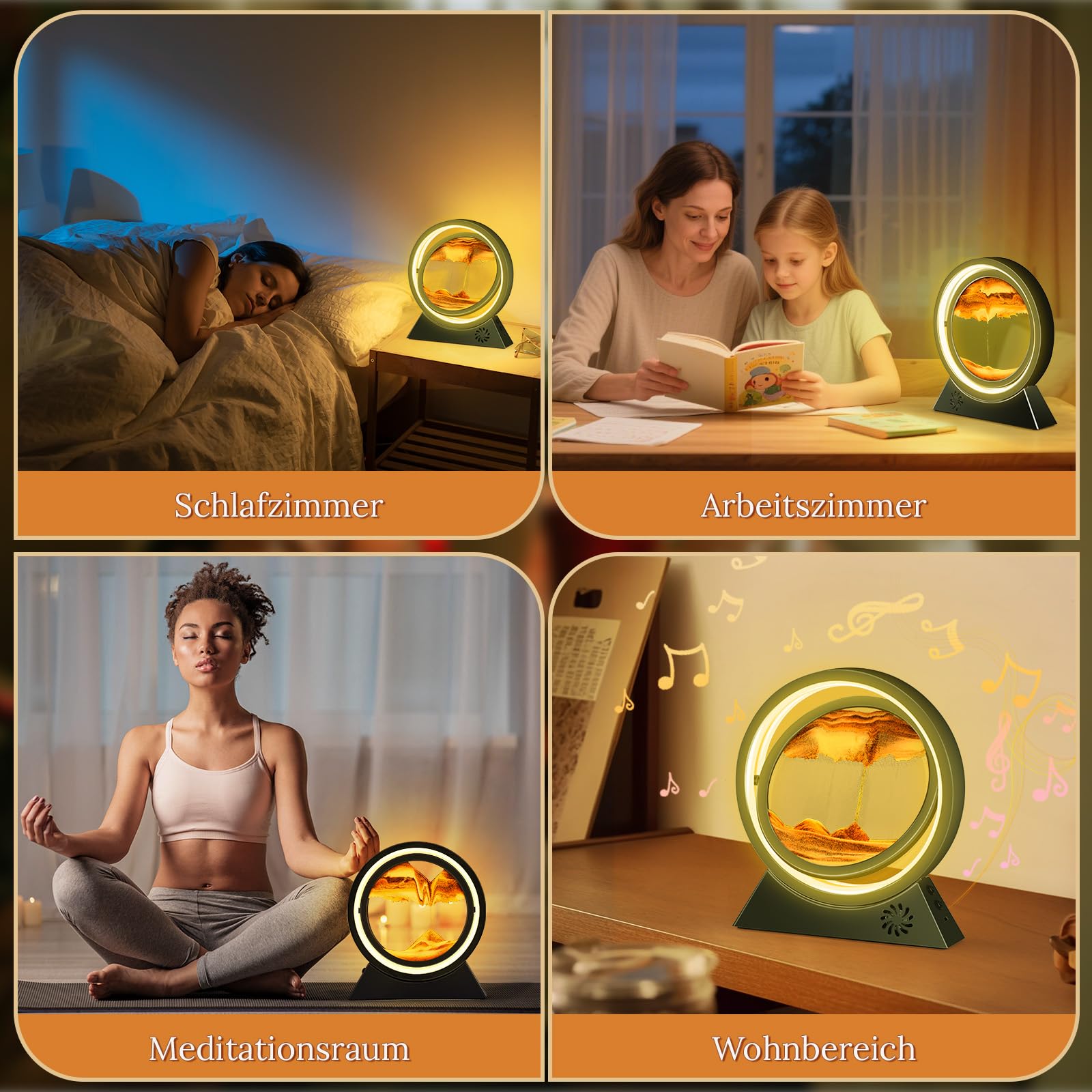 BuzzoXerex Sandbilder Zum Drehen, Fließende Sandmalerei mit LED Licht, Bluetooth Fähig 10 Zoll Bewegende Sandkunst 3D Dynamische Sandbild für Büro Wohnzimmer Schreibtisch (Schwarz-Orange)