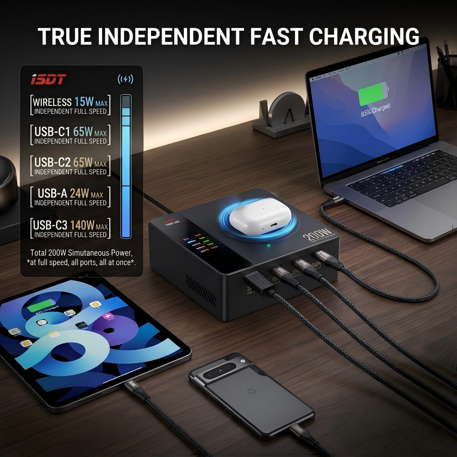 LIMETA MD200X - Stazione di ricarica USB C da 200 W: 140 W PD3.1 blocco di ricarica rapida per iPhone 17/17 Pro, caricabatterie rapido da tavolo 5 in 1 con MagSafe e display LCD (100-240 V)