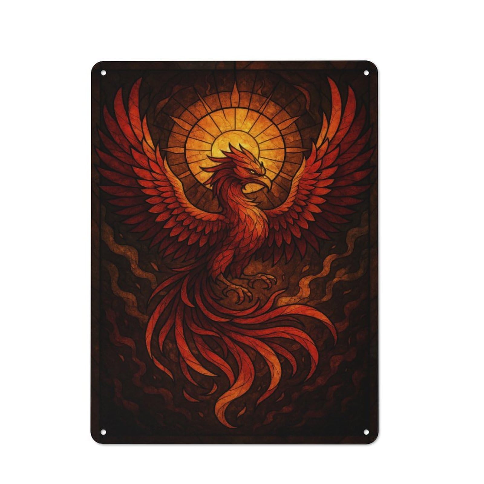 Phoenix Rising Stained Glass Art Rustic Metal Sign 40x30cm, Barn Style Farmhouse Wall Decor for Kitchen, Cottage, Porch Or Garden Room