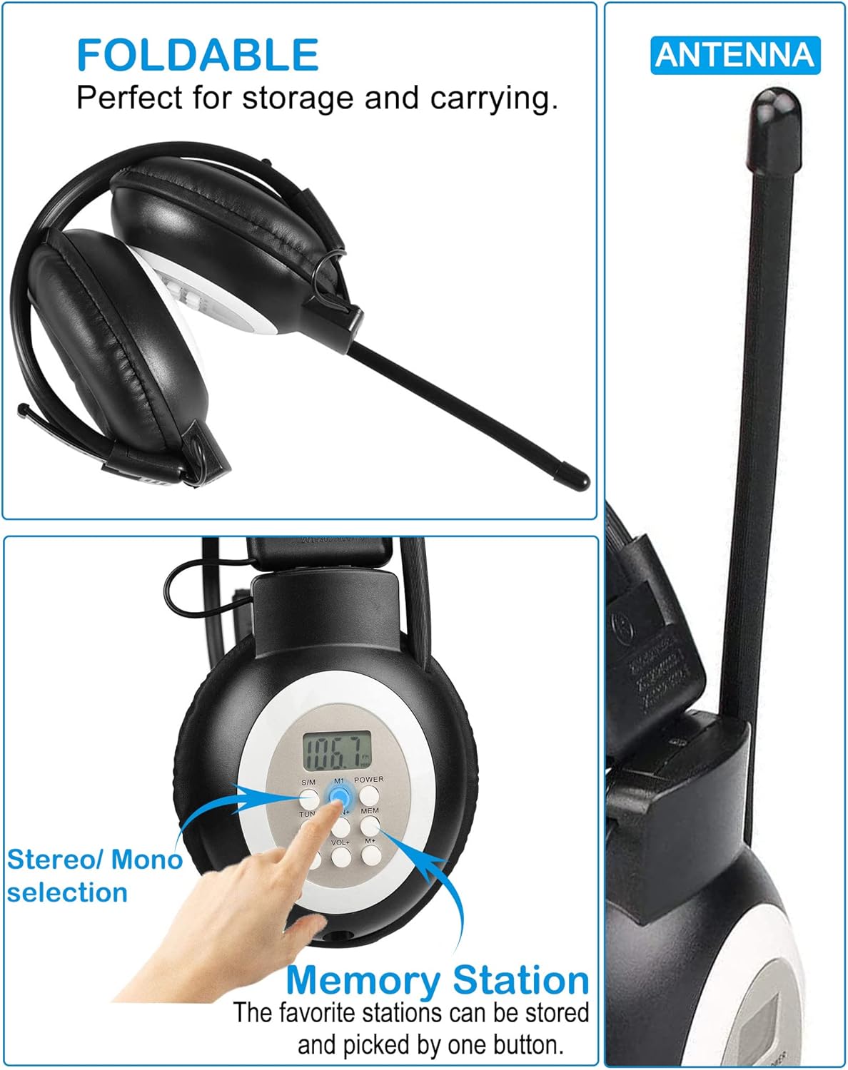 Control panel, folded design, and antenna of HRD-308S headphones