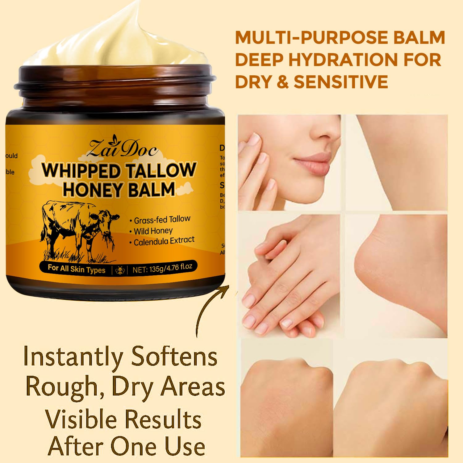 2Packs Beef Tallow Honey Balm, with Manuka Honey & Calendula, Multi-Purpose Skin Salve for Face & Hands, Grass-Fed Beef Tallow, Deep Moisturizing for All Skin(1.76oz&4.76oz) - Image 3