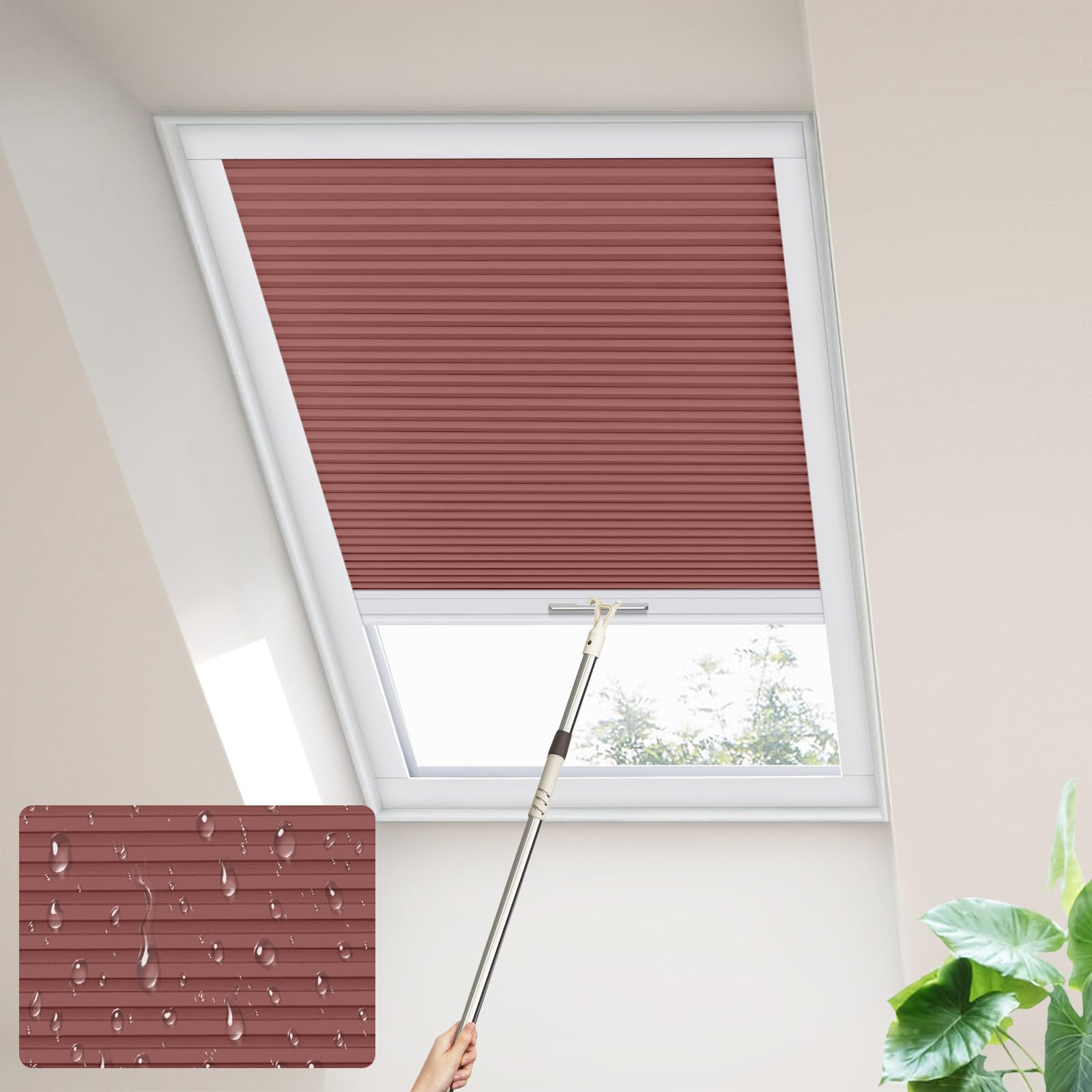Moonice Skylight blinds Waterproof Fabric Cordless Roof Honeycomb Window Blinds Blackout Cellular Pleated Shades for Roof Inclined Plane Room Windows Custom Size,Cabernet Stain