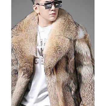 Denny&Dora Men's Wolf Fur Coat Mid-Length Winter Wolf Fur