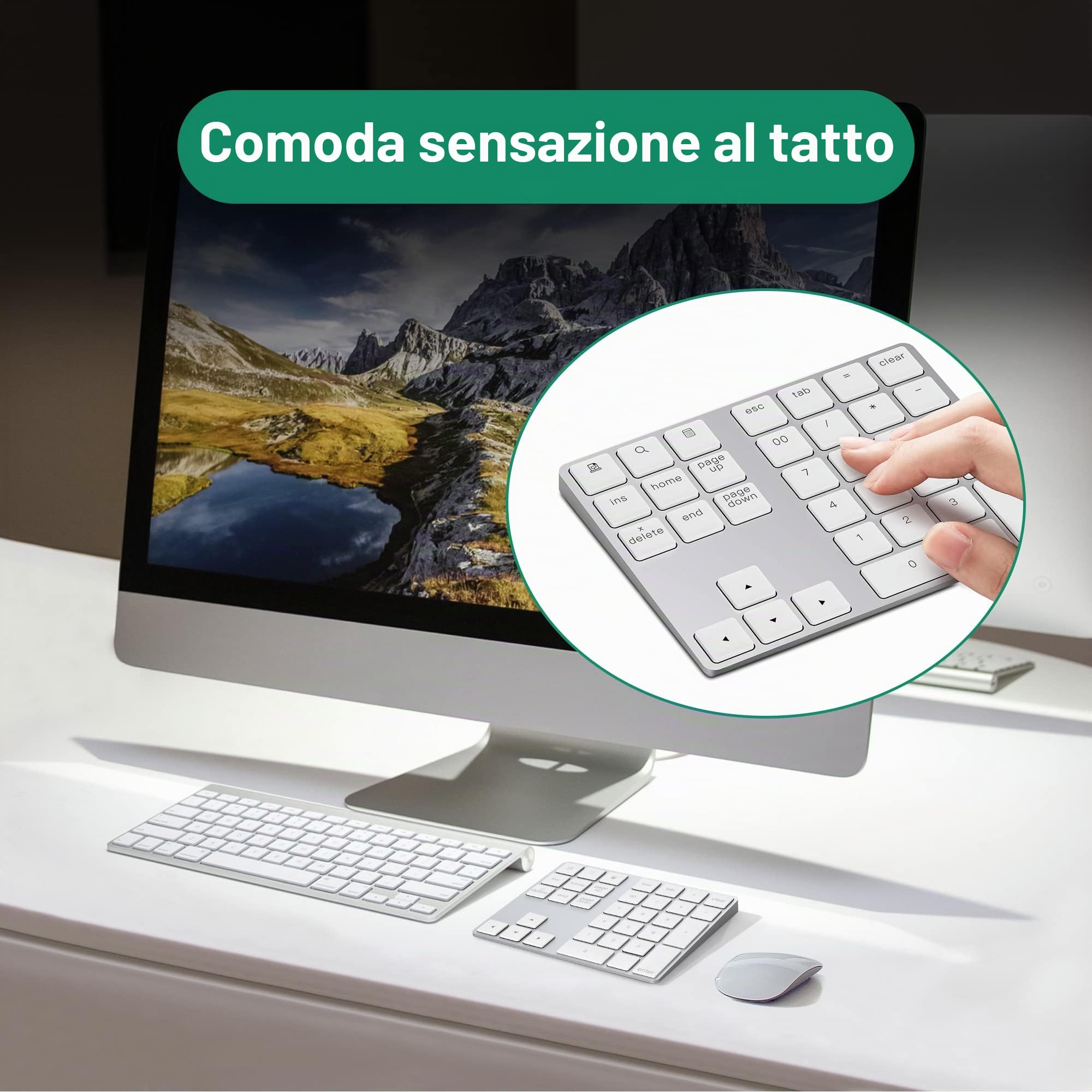 Tastierino Numerico Bluetooth in Alluminio, 34 Tasti Esterni, Tastiera Scorciatoia per iMac, iOS Air, PRO e Mac Mini, D'argento