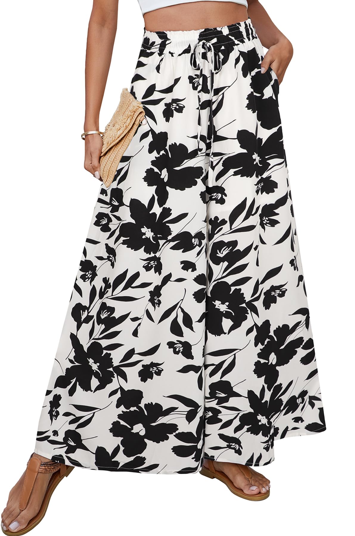 SimpleFun Women's Palazzo Pants Boho Floral Wide Leg Trousers Summer Beach High Waisted Flowy Pants with Pockets