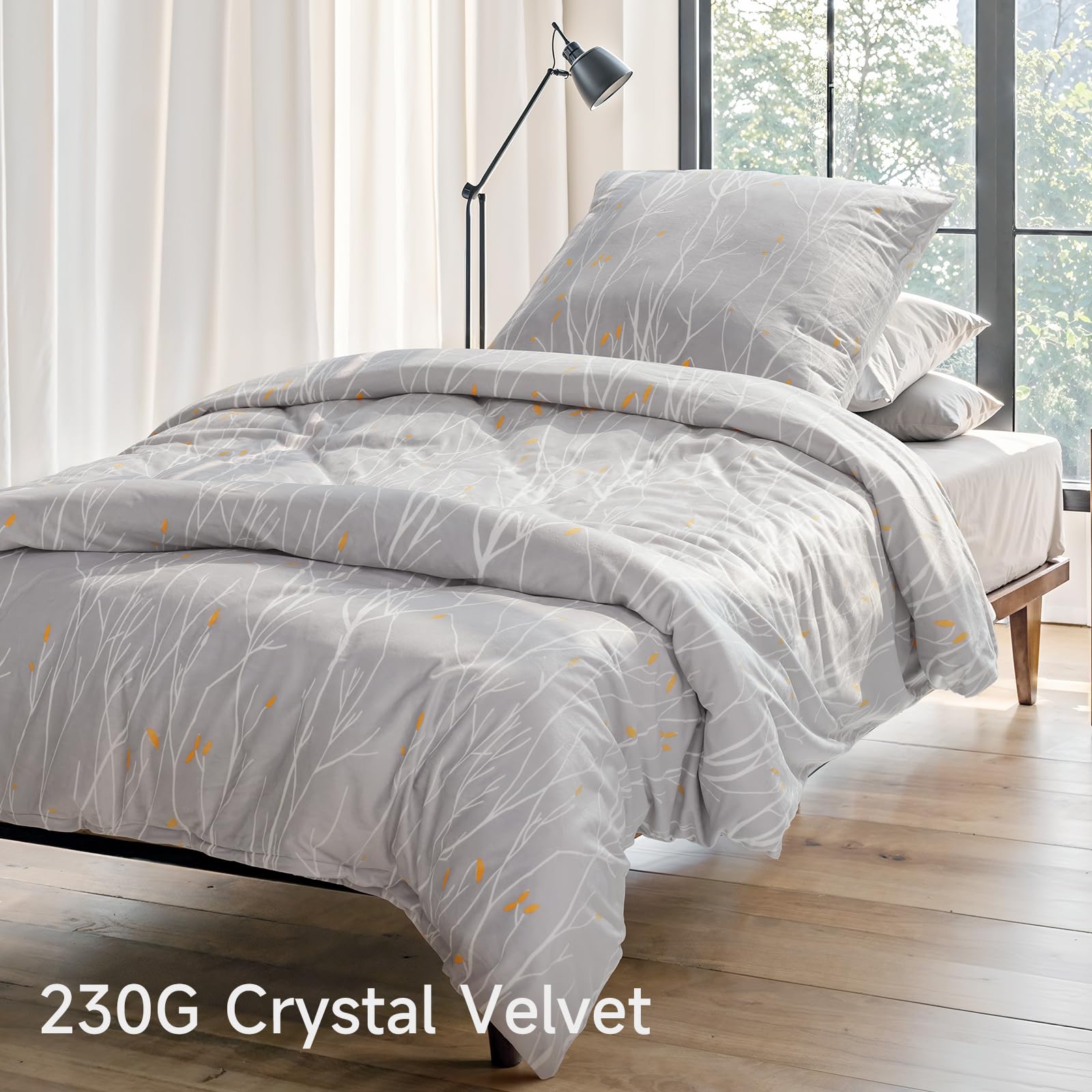 PanxHome Set Copripiumino in Velluto Cristallo 135x200 cm, Design Rami Grigi, Caldo e Morbido, Senza Pieghe, Lavabile in Lavatrice, Set Invernale per Letti Singoli e Doppi (1 Copripiumino, 1 Federe)