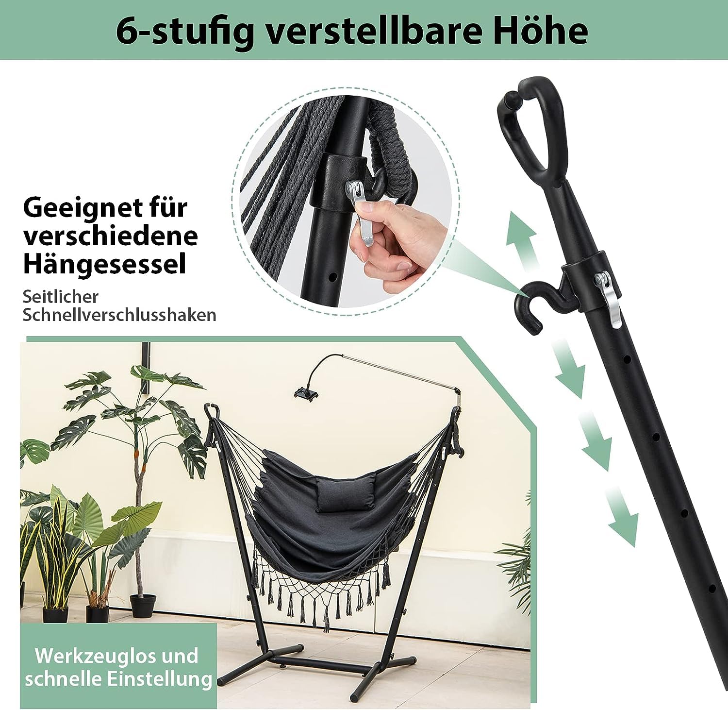 GOPLUS Silla Colgante con Estructura de Metal y Asiento de Algodón, Altura Ajustable y Soporte para Celular, Hamaca con Estructura, para Jardín, Patio y Dormitorio,Carga 250kg (Negro)