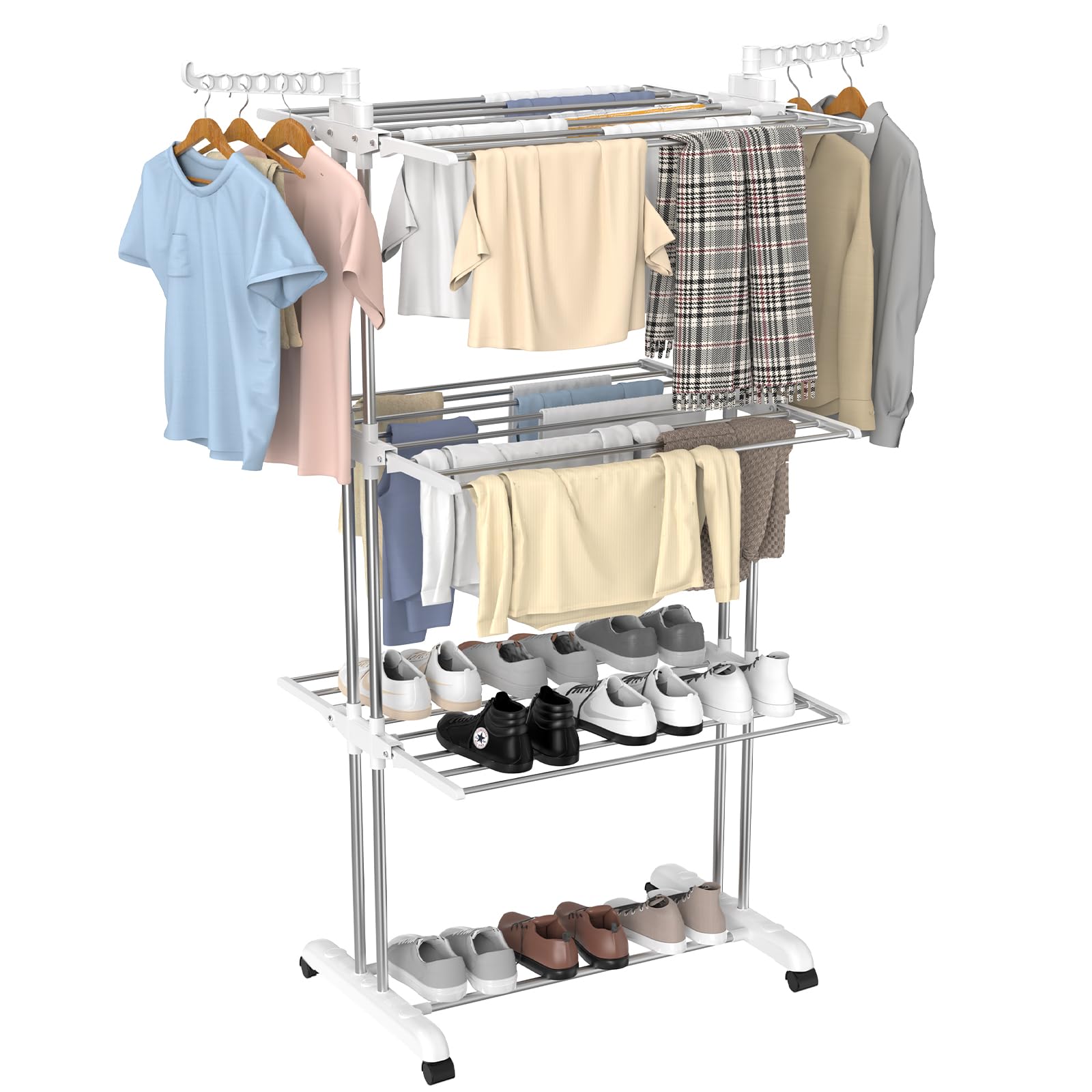 Innotic Clothes Drying Rack Foldable 4 Tier Clothes Airer Stainless Steel Portable Clothes Rail Laundry Dryer Hanger Rack with Wheels for Indoor Outdoor, White+Grey