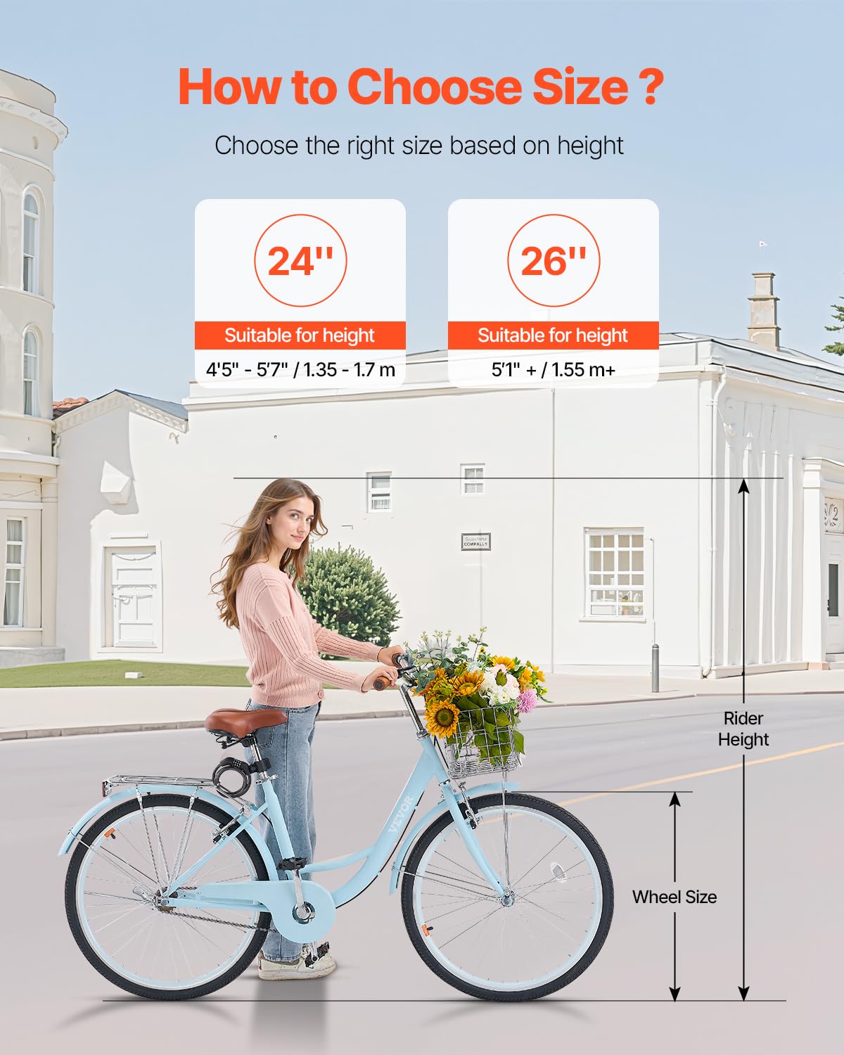 VEVOR Bicicletta Cruiser 1 Velocità da 26 pollici Bicicletta da Crociera con Cestino e Portapacchi Posteriore, Bicicletta Cruiser per Spiaggia Tempo Libero con Sedile Regolabile Azzurro Chiaro
