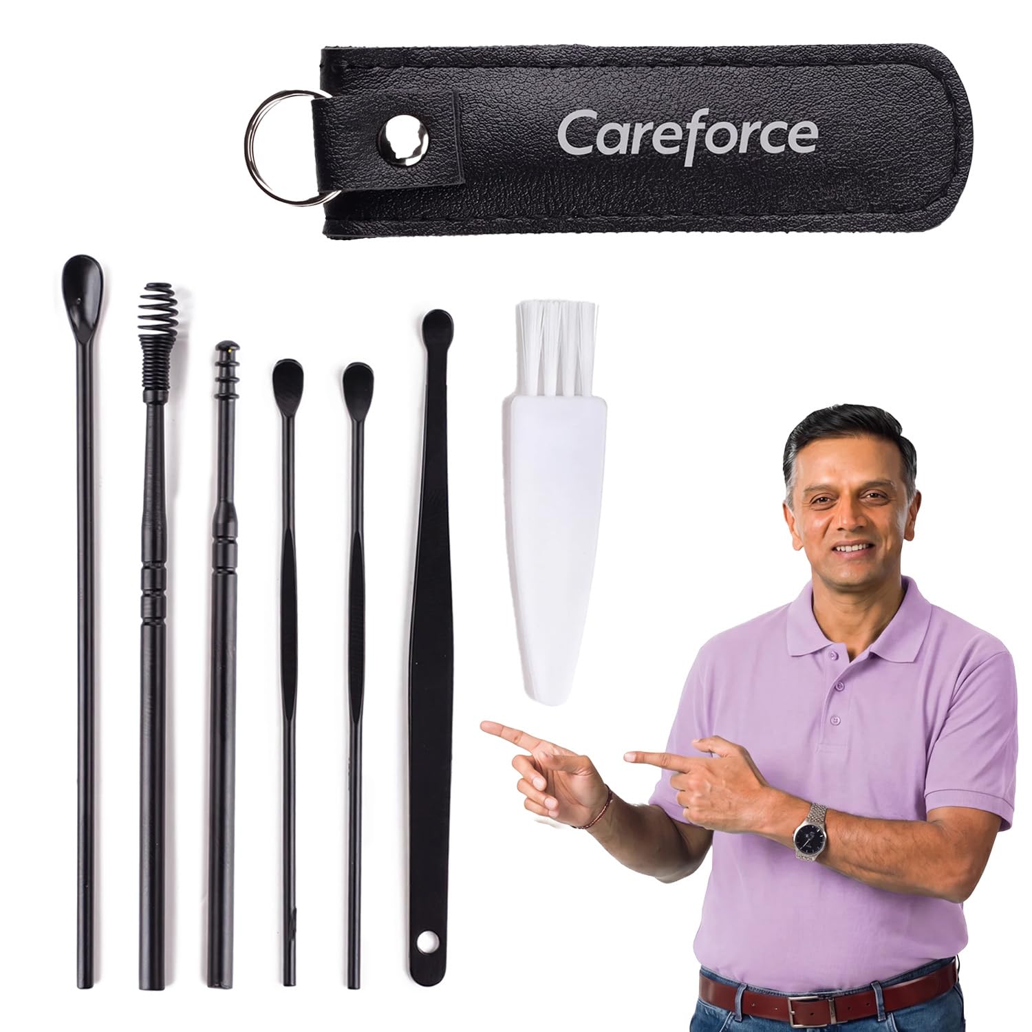 careforce - the force behind your health ear cleaning kit steel & reusable with storage pack tool kit with ear curette cleaner and spring ear buds cleaner 6 pcs set black