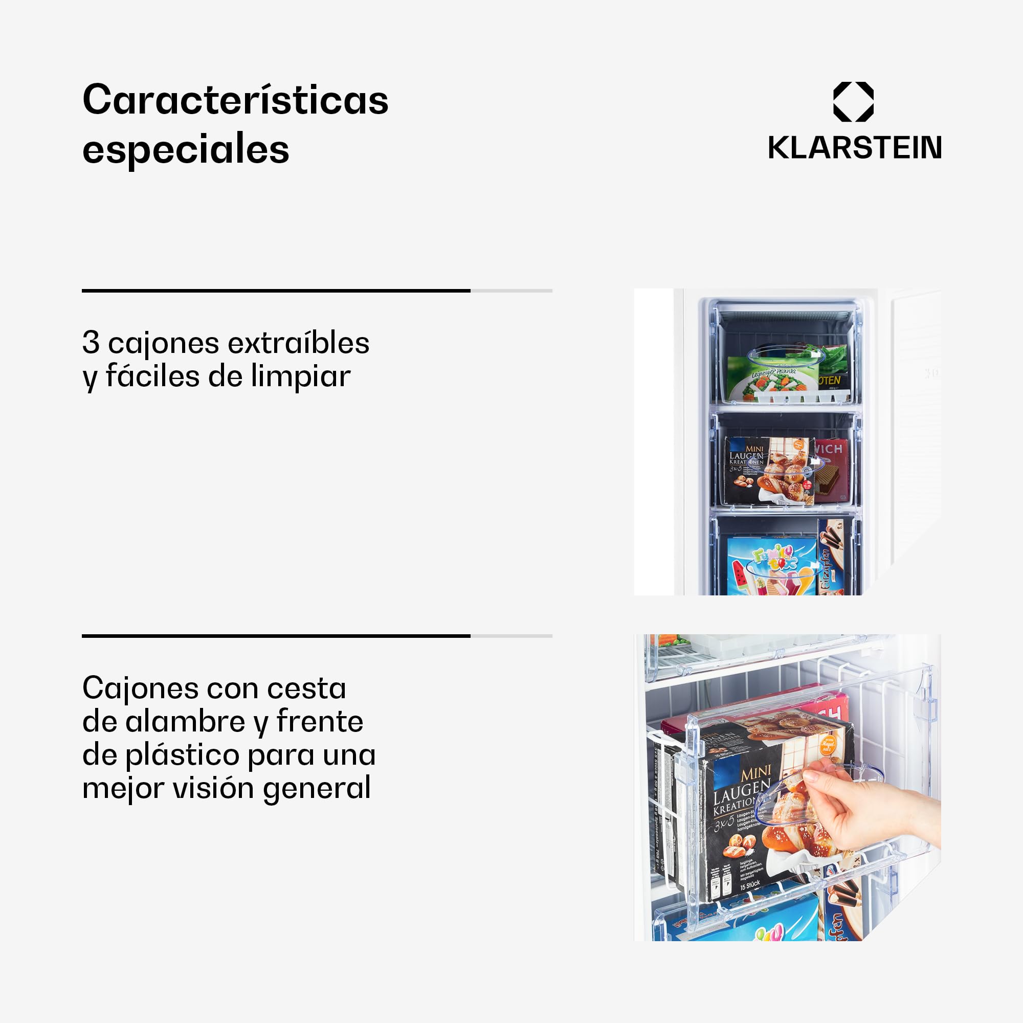 Klarstein Laika - Congelador, Termostato con 5 niveles, Temperaturas de -24 a -15 °C, 3 cajones extraíbles, CEE E, Capacidad de 60 L, Crema
