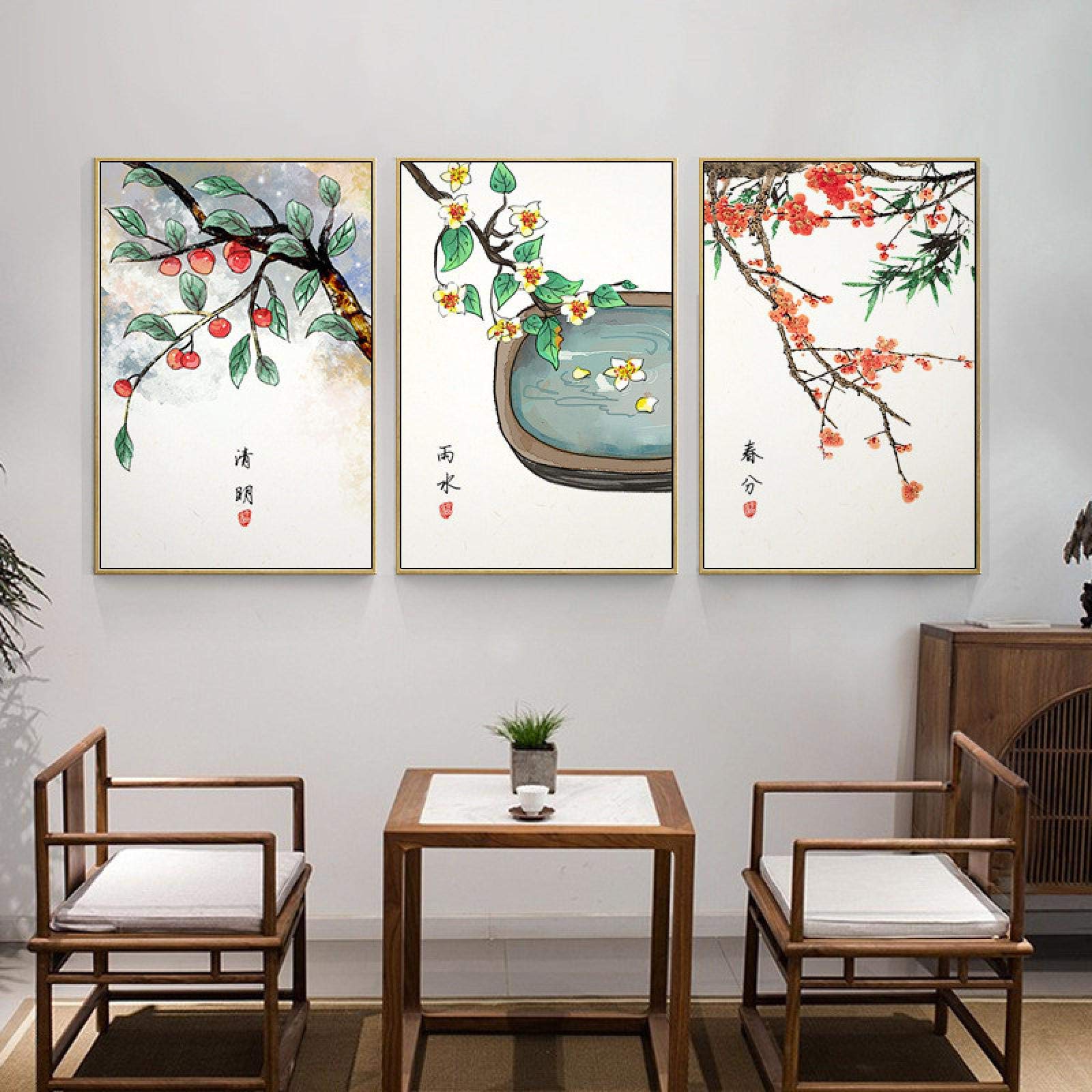 OuShen Dipinti Astratti Tradizionale Cinese Folk Fiore Pianta Uccello Tela Stampa Artistica Poster Soggiorno Home Decor Immagine Della Parete 48x72cmx3pcs Senza Cornice