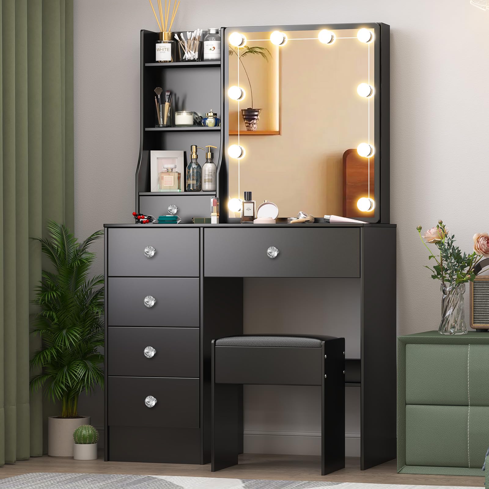 Schminktisch mit Beleuchtung, Einstellbarer Helligkeit, Make Up Tisch mit Schiebespiegel, Kosmetiktisch mit 6 Schubladen und 6 Regalen, Frisiertisch mit Hocker Schwarz 36x80x131cm, H010630