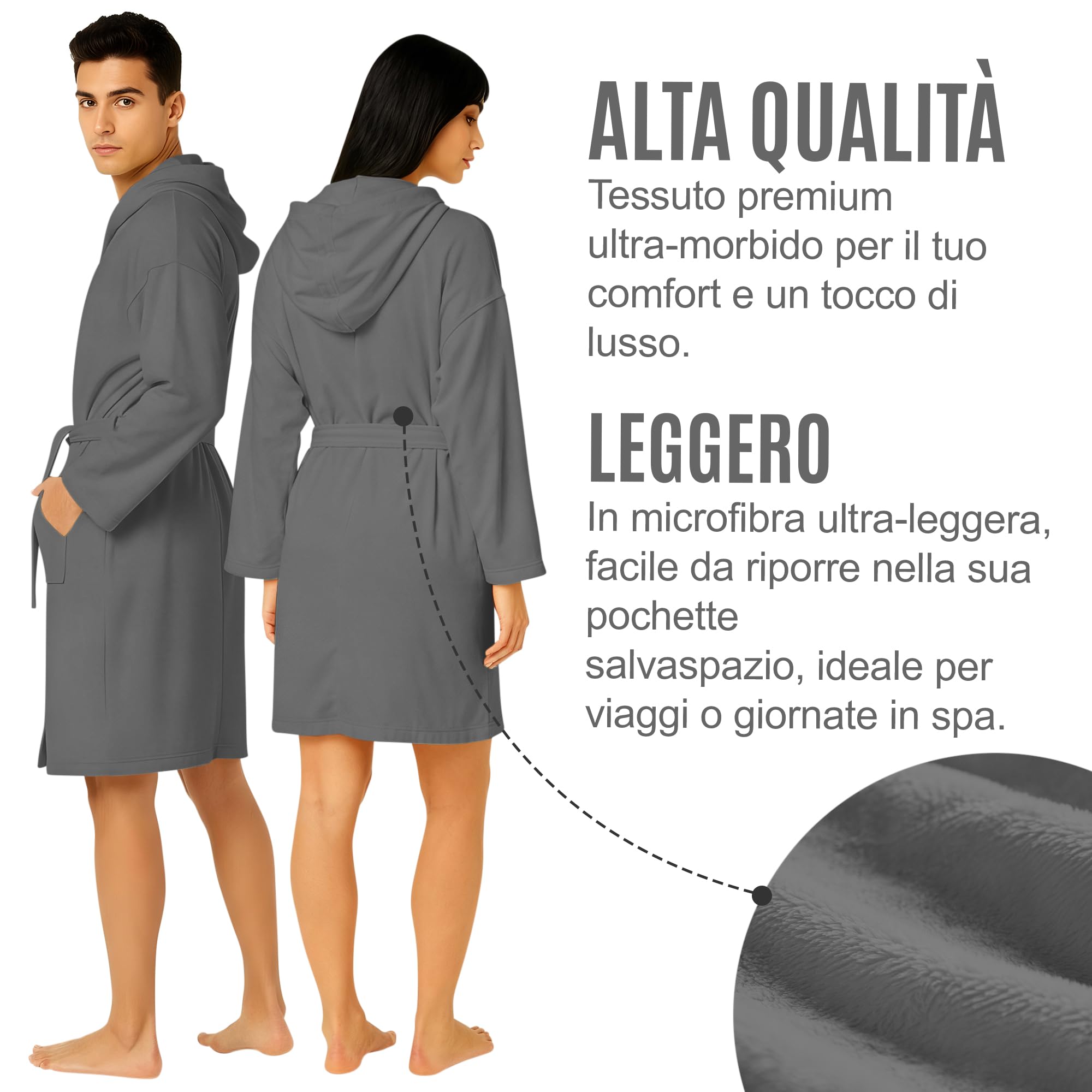 NARCISO - Accappatoio Uomo Donna Microfibra Economico con Tasche Cappuccio e Cintura, Ideale per Casa, Viaggio, Palestra, Tessuto Morbido e Comodo, Taglie dalla S alla XXL
