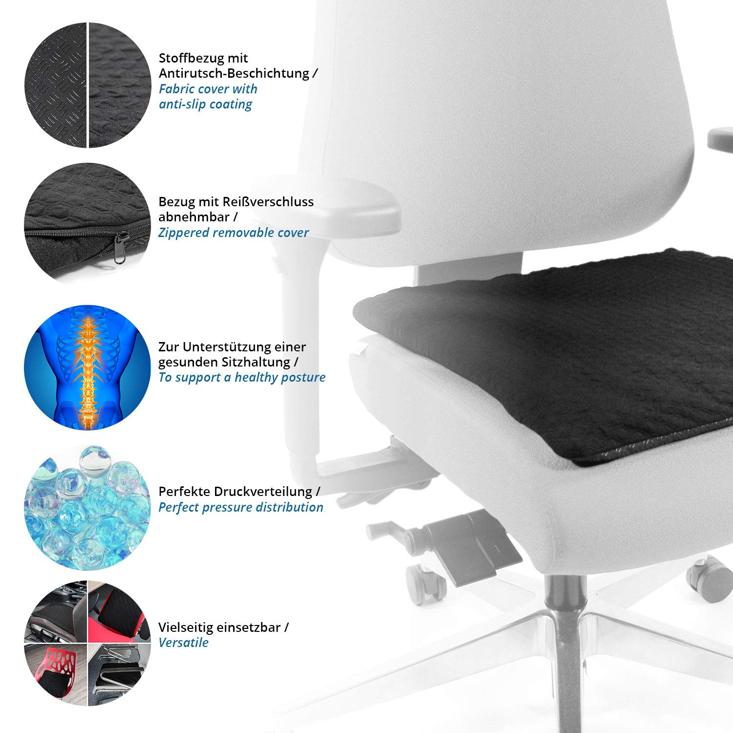 hjh OFFICE Orthopädisches Gel-Sitzkissen MEDISIT I 42x42 Kissen mit Gelperlen, Anti-Rutsch Bezug, abnehmbar & waschbar 780000