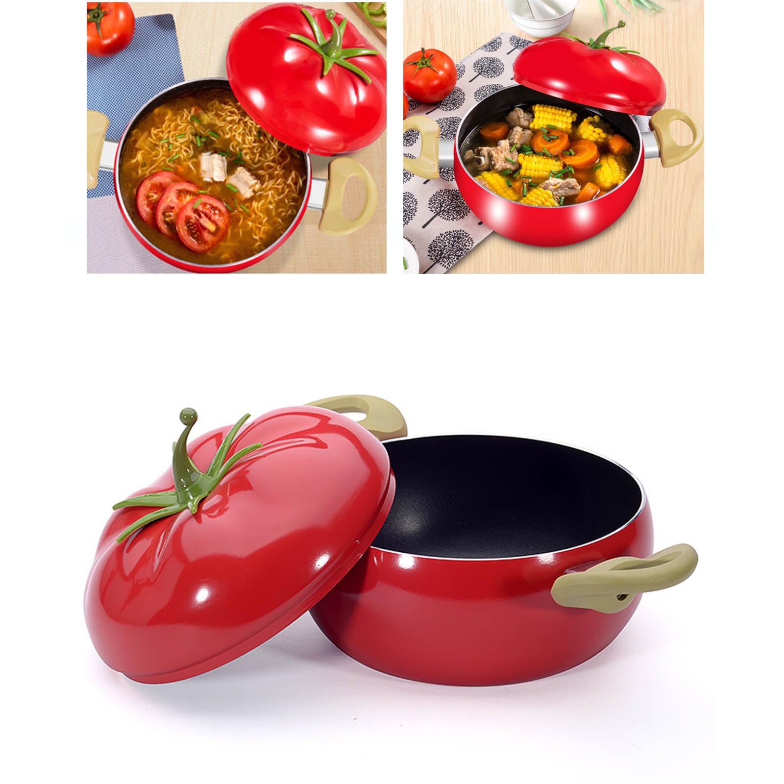 Pentola in Ghisa Smaltata con Coperchio - Design a Forma di Pomodoro, Pentola Antiaderente per Zuppe e Pasta, Uso Versatile, Adatta per Gas e Induzione