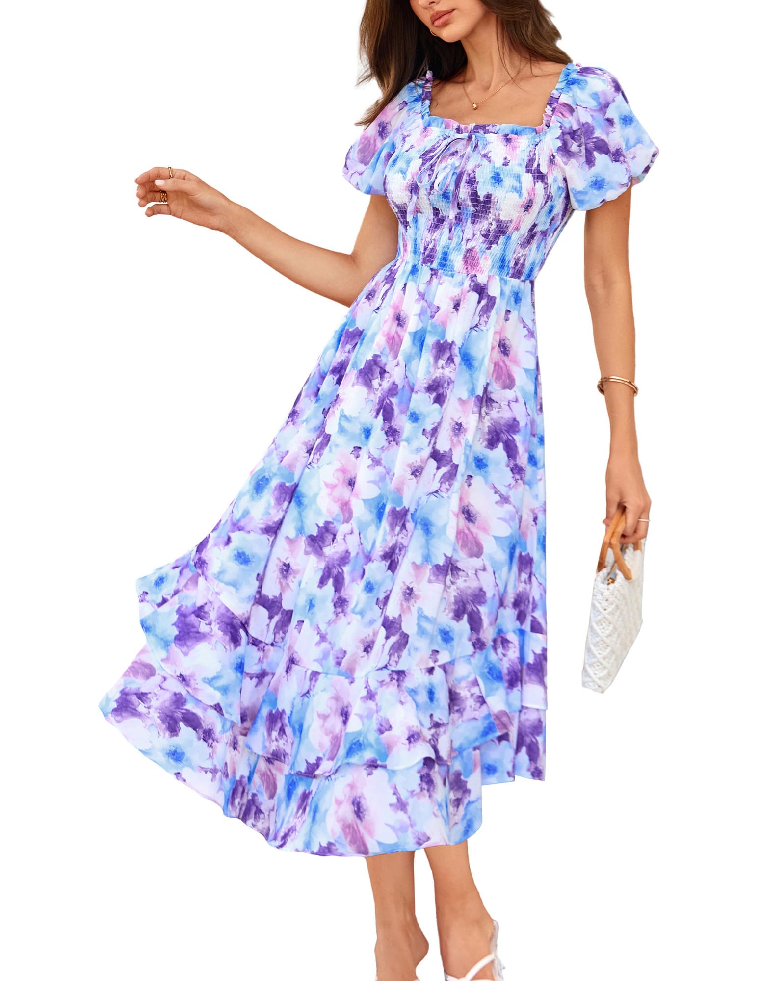 GRACE KARIN Damen Sommerkleid Puffärmel A-Linie Maxi Blumenkleid mit Taschen für Hochzeitsgäste Strand