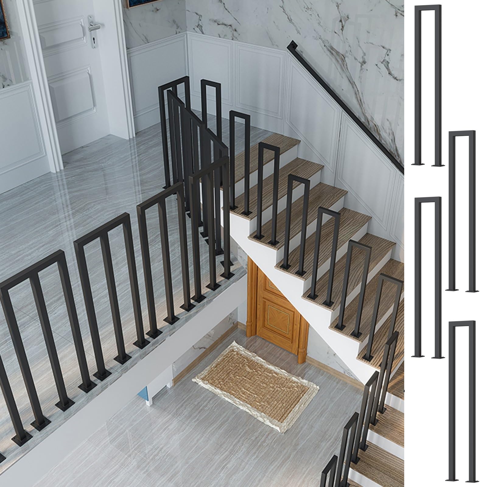 LWJSOCP Black Square Iron Banister Pole for Porch Deck Indoor Outdoor Industrial Style Baluster U/M Shaped Stair Handrail Attic Guardrail Spindle (40cm/15.7inch)