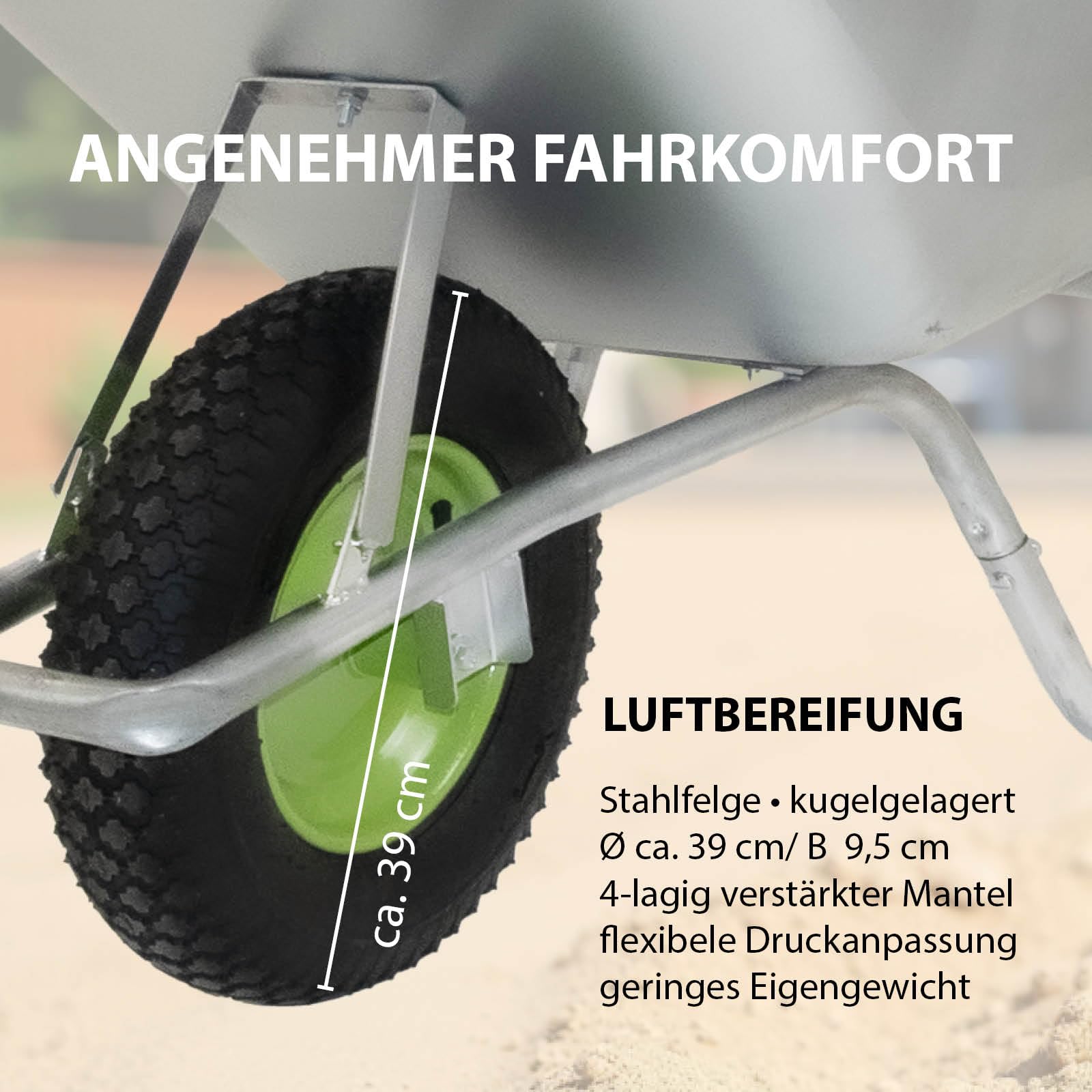 TRUTZHOLM Schubkarre 100 Liter verzinkter Stahl 250 kg Tragkraft Luftrad auf Stahlfelge Bauschubkarre Gartenkarre Schiebkarre leicht handlich 0,9 cm Starke Stahlwanne