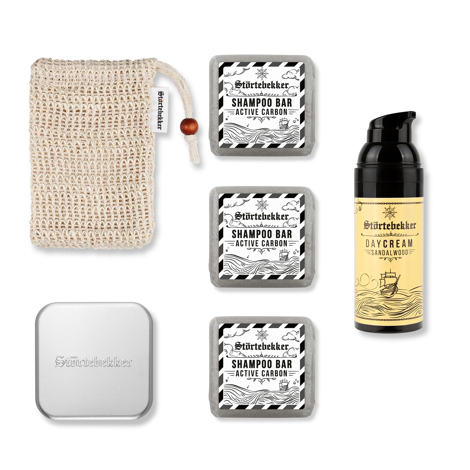 Störtebekker® Premium zestaw do rutyny prysznicowej – mocny szampon Active Carbon (x3), woreczek sizalowy, puszka z mydłem + gratis krem na dzień – zestaw do szamponu do pielęgnacji włosów / pod