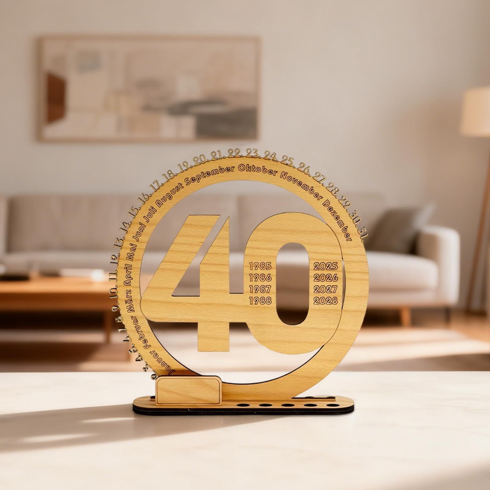 Calendrier perpétuel en bois pour bureau, cadeau pour 40e anniversaire, 11,8 in / 30 cm, contreplaqué de hêtre, plaque commémorative, fabriqué dans ce pays européen