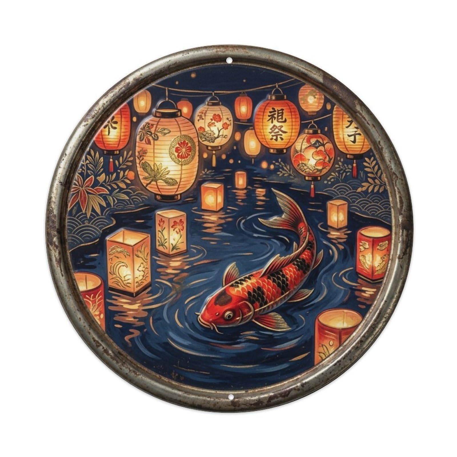 Floating Lantern Festival Koi Fish Vintage Metal Tin Sign Plaque Wall Decor for Cafe, Club Bar, Office, Garden Metal Poster 8x8Inch