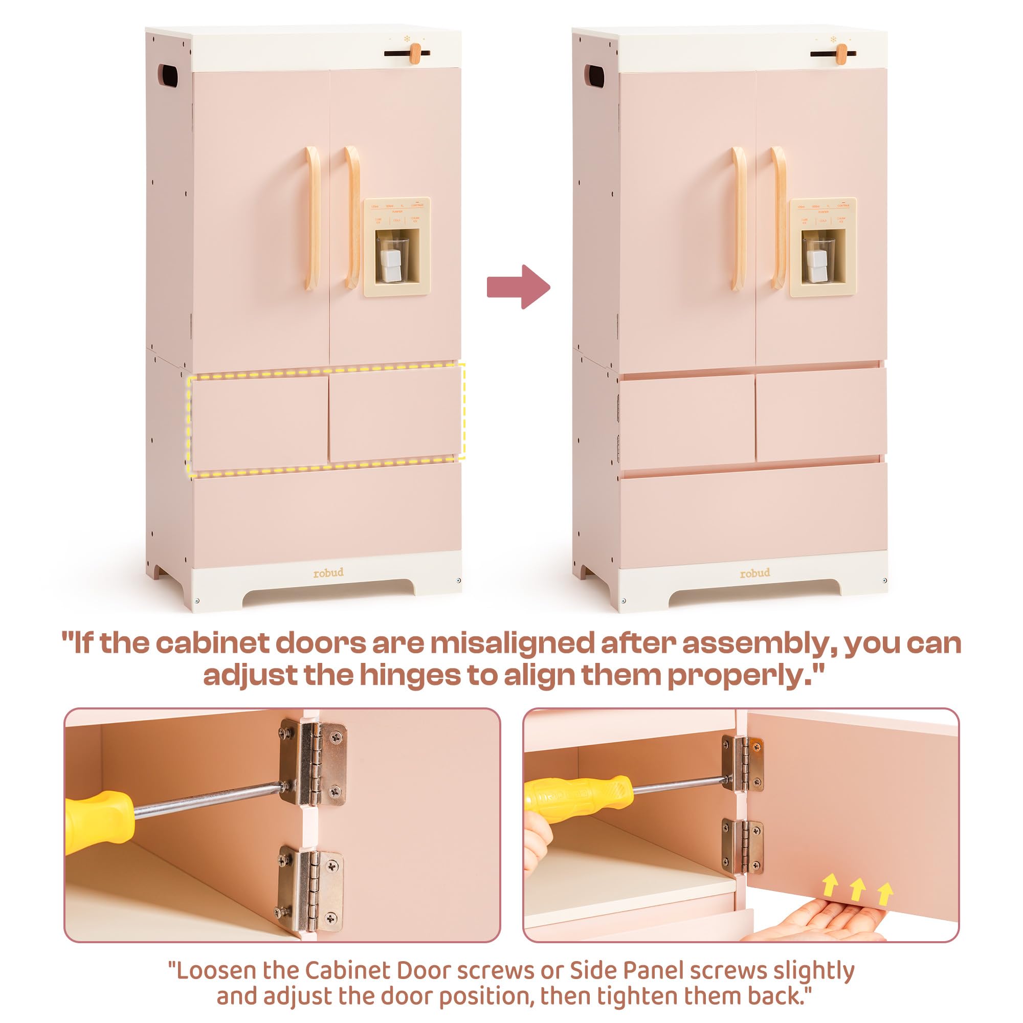 ROBUD Réfrigérateur en Bois - Réaliste et interactif avec Machine à glaçons et Jouets Alimentaires - Convient aux Enfants à partir de 3 Ans - Rose