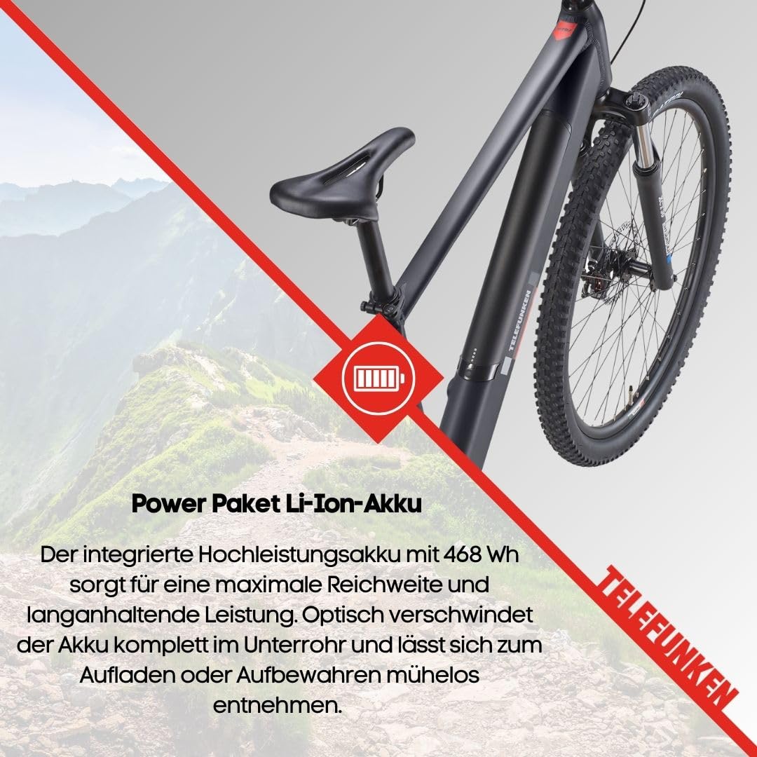 TELEFUNKEN E-Bike Mountainbike 29 Zoll für Herren und Damen | Elektrofahrrad mit 250W Hinterradmotor & 468 Wh Akku | 7-Gang Kettenschaltung | Scheibenbremsen | MTB Hardtail Pedelec