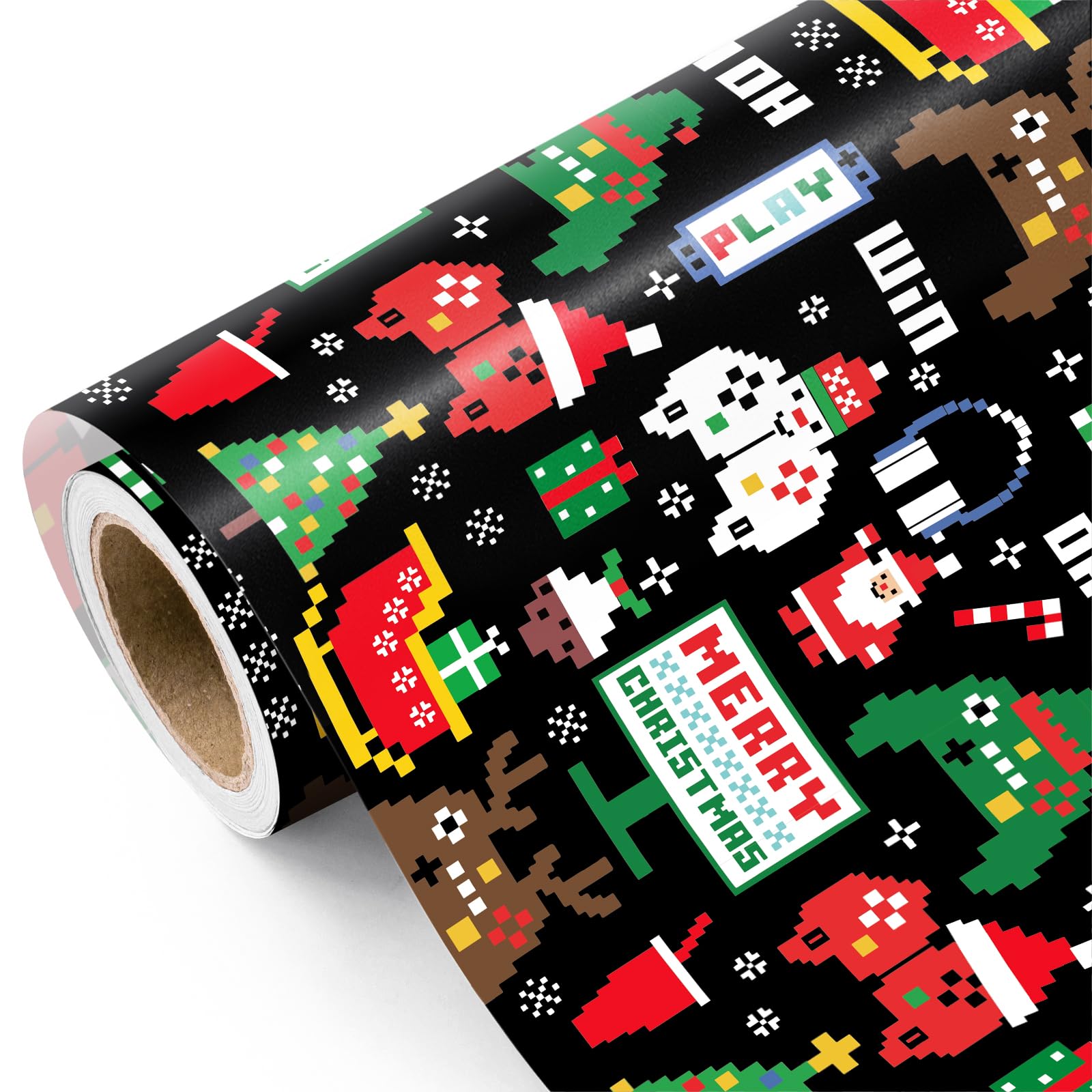 RUSPEPA Black Christmas Wrapping Paper - Mini Roll - 43.2cm x 5m - Pixel Video Game Wrapping Paper with Gamer Santa and Controller Design for Gamers, Teen Kids, Christmas, Winter Season