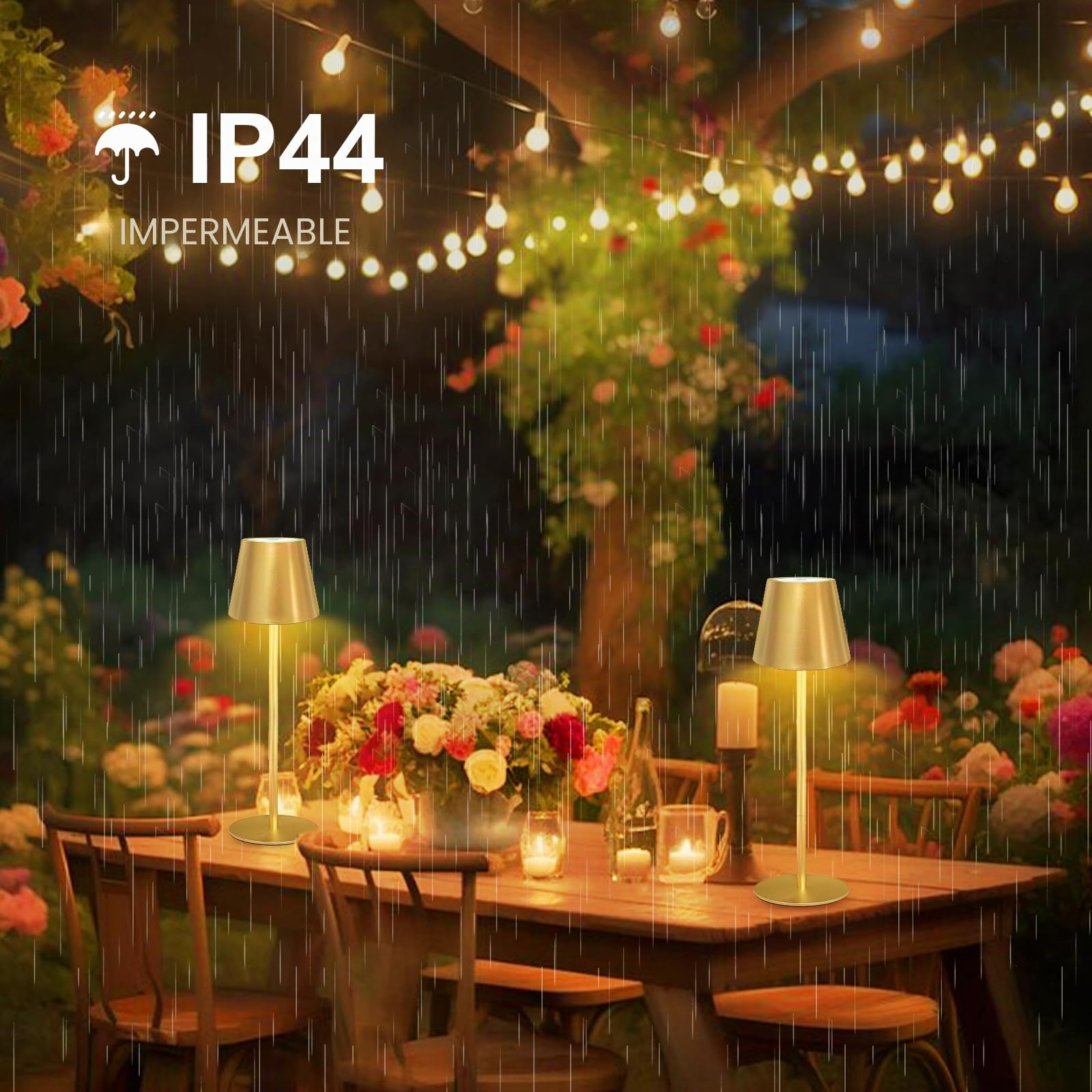 Lámpara de Mesa Inalámbrica Recargable 3000K/4000K/5000K Blanco Cálido/Frío ANTELA LED Atenuable Interior Exterior para Mesa de Comedor Balcón Jardín Terraza, Dorada, 2 Unidades