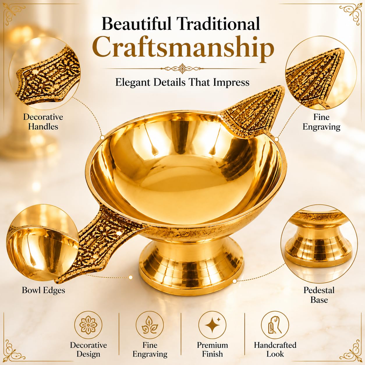 Kanshita's Rasoiware Golden Decorative Brass Diya for Puja Room, Home & Office | Traditional Oil Lamp for Mandir, Diwali, Ganesh Chaturthi, Housewarming & Festive Gift 2