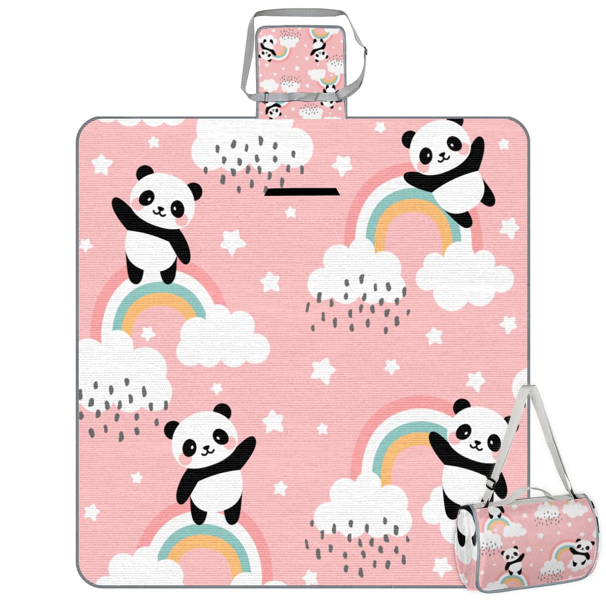 Shimoshe Picnic Blankets 57”x 59”, Rainbow Panda Waterproof Sandproof Picnic Mat Lightweight Foldable Beach Blanket for Camping Park Grass Beach Outdoor Blanket