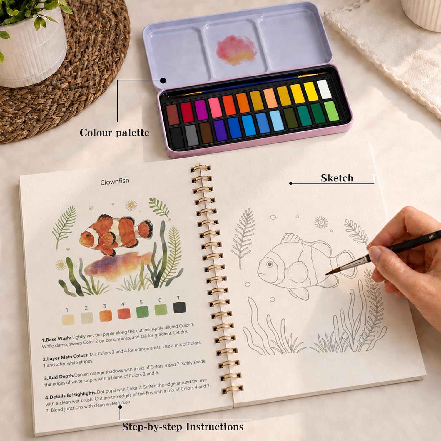 Watercolor Workbook - Water Coloring Book Set for Adults and Beginners, Water Colors Book 14 Ocean Animal 24 Color Watercolor Paint, 3 Brush Pens, 300g Watercolor Paper Gift for Art Lovers image 5
