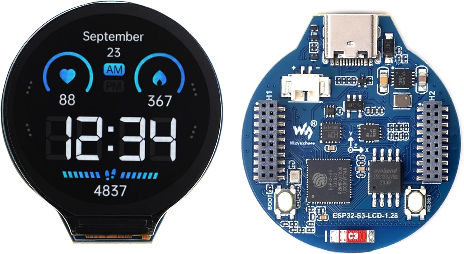 ESP32-S3 Development Board with 1.28inch Round LCD IPS Display 240 x240 Pixel, 32-bit LX7 Dual-Core Processor, GC9A01 Display Driver Chip,Support 2.4GHz W-i-F-i (802.11 b/g/n) and Blue-Tooth 5 (BLE)