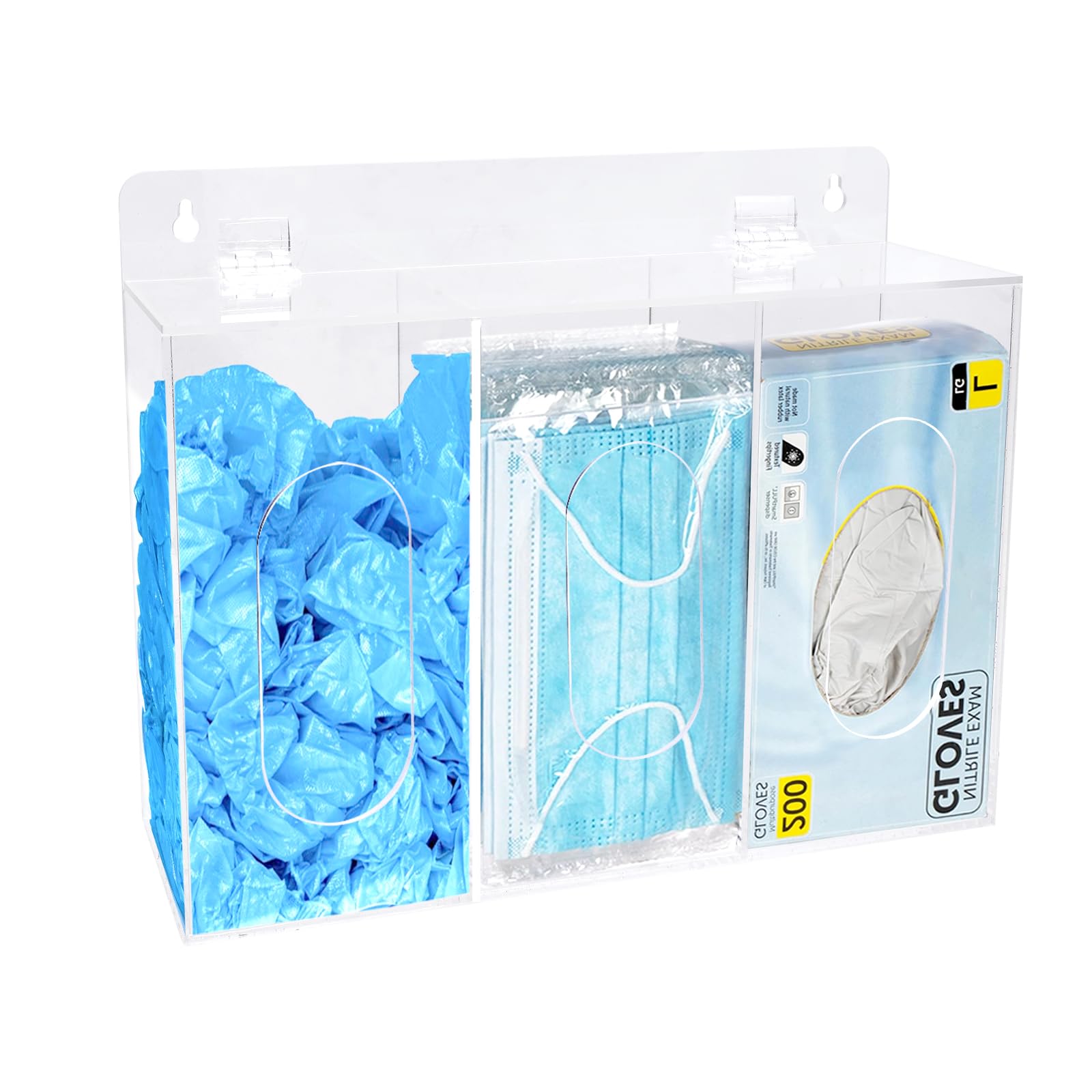 zoomto Face Mask Dispenser Box,3 Compartment Acrylic Gloves Holder Hygiene Station with Lid, Shoe Cover and Hairnet,Wall Mount Holes or Tabletop