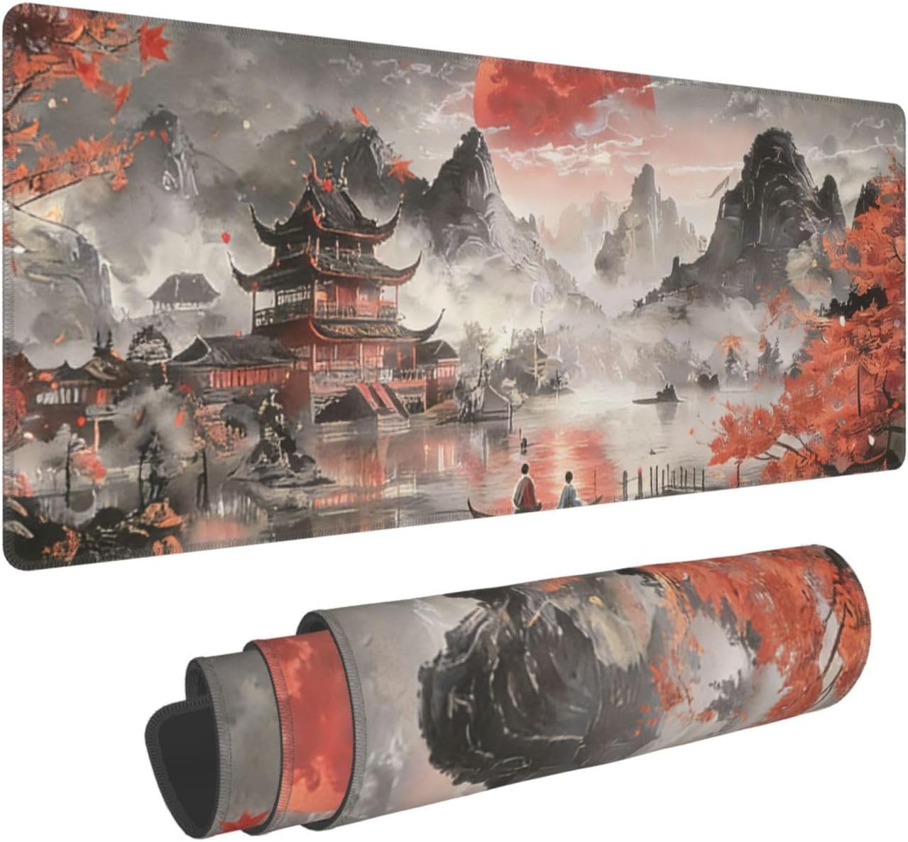 Japanese Moon and Mountain Mouse Pad Large Gaming Mousepad, Long Big XL Waterproof Desk Mats Full Desk Keyboard Mat Computer Pad Desk Matt with Stitched Edges Non-Slip Desktop Mat, (31.5 * 11.8 in)